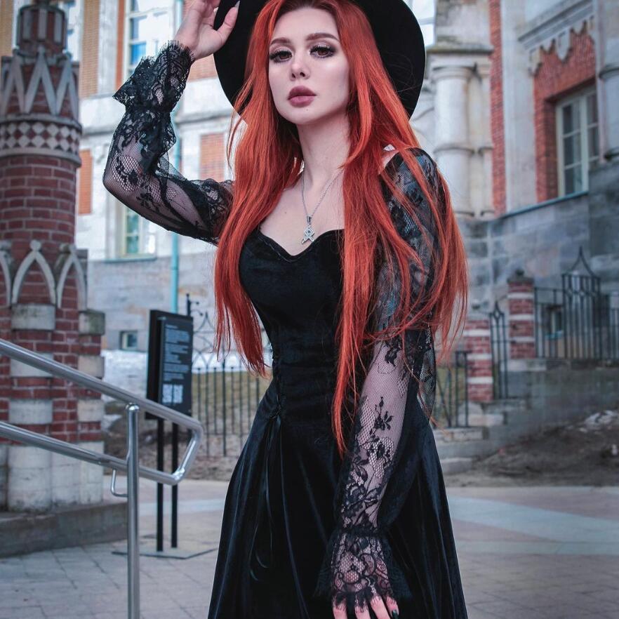 Women's Gothic Lace Floral Sleeve Strappy Velet Dresses