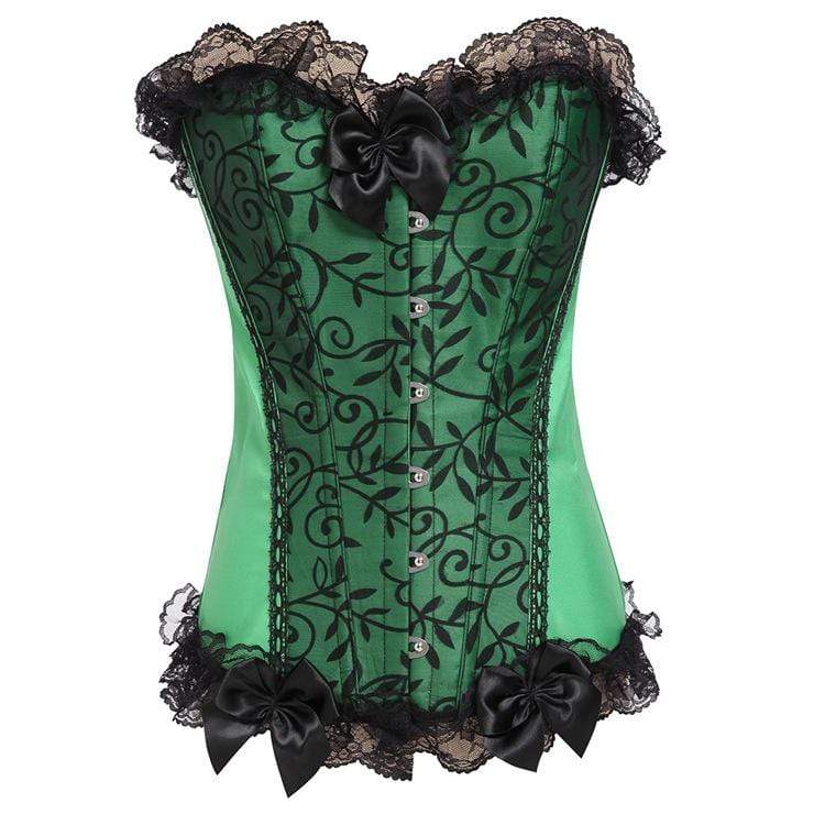 Women's Gothic Lace Hem Floral Mesh Splicing Satin Overbust Corsets With T-back
