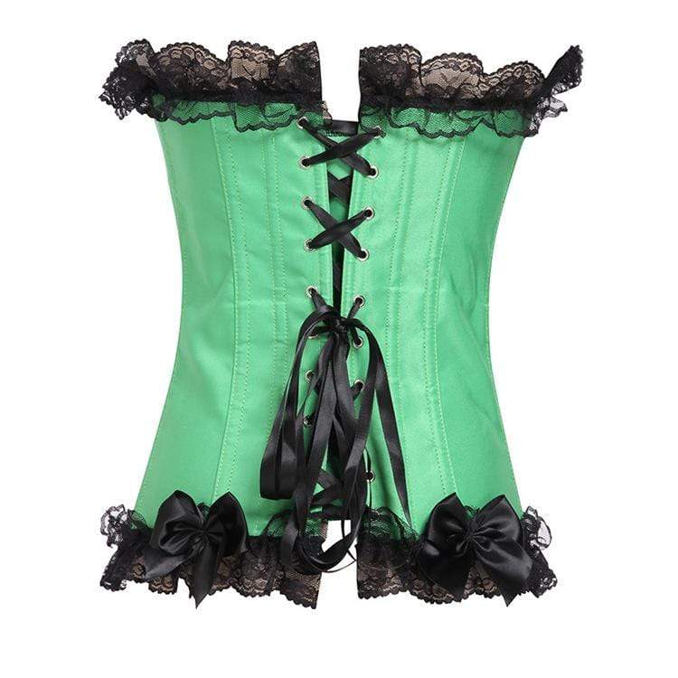 Women's Gothic Lace Hem Floral Mesh Splicing Satin Overbust Corsets With T-back