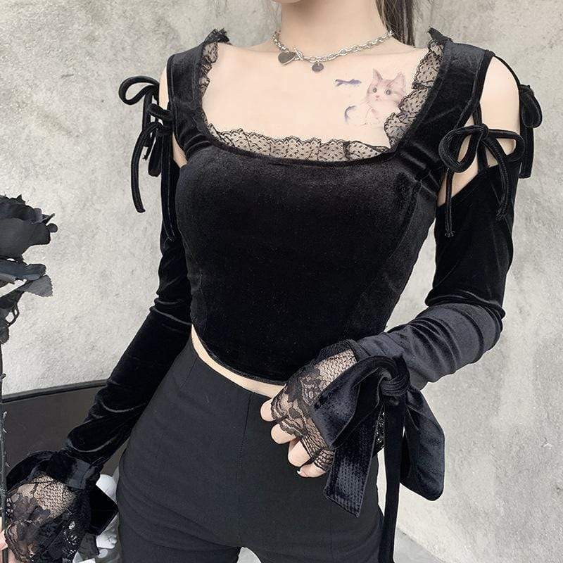 Women's Gothic Lace Hem Strappy Sleeve Velet Tops