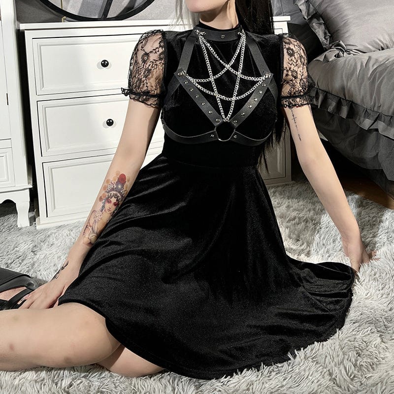 Kobine Women's Gothic Lace Sleeved Velet Dress with Pentagram Harness