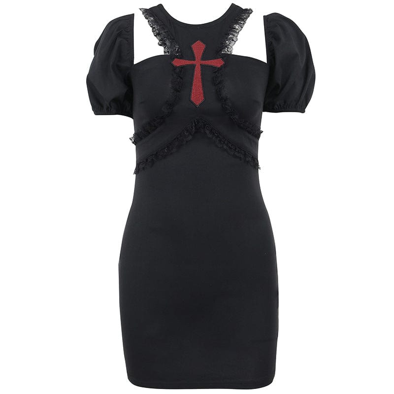 Kobine Women's Gothic Lace Splice Cross Embroidered Dress