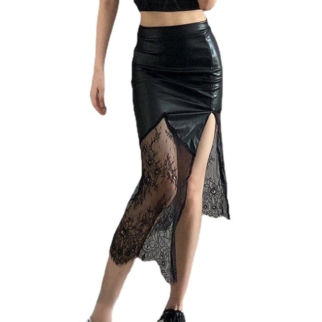 Kobine Women's Gothic Lace Splice Faux Leather Skirt