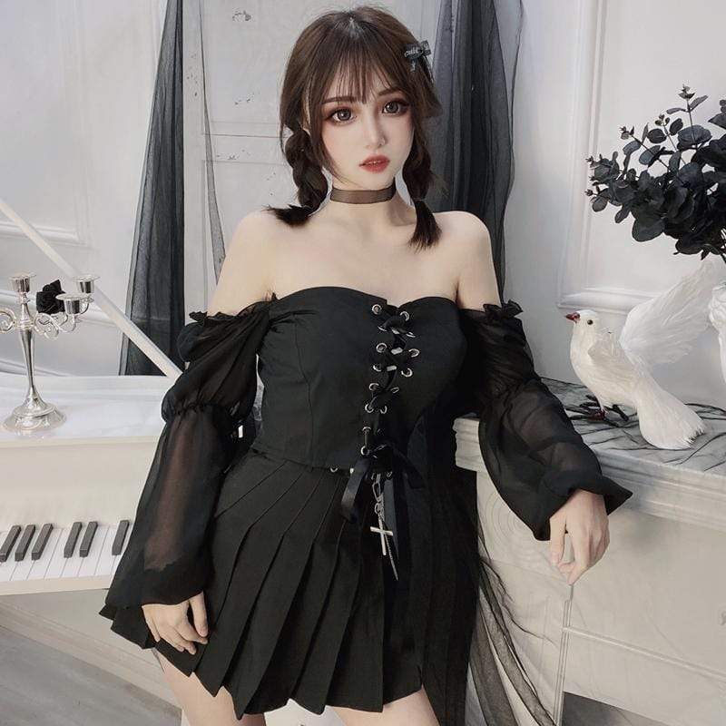 Women's Gothic Lace-up Off Shoulder Sexy Mesh Tops
