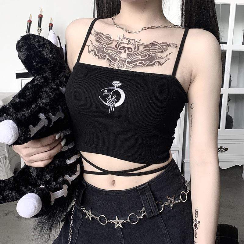 Women's Gothic Moon Roses Lace-up Tank Tops