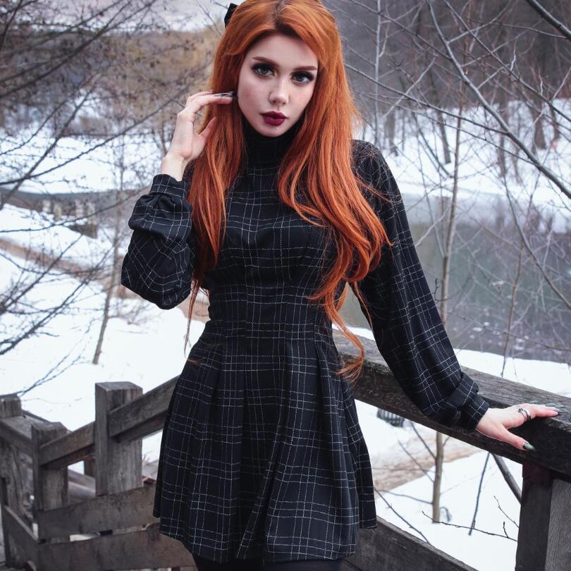 Goth Long Sleeve Dress – Vintage Harajuku Plaid Wrap, Punk Dark Academia Style, Flattering Waist, Women's All