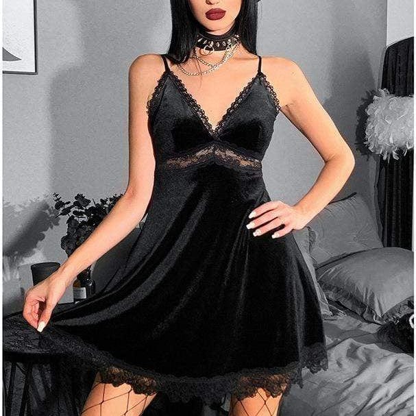 Kobine Women's Gothic Plunging Lace Splice Slip Dress