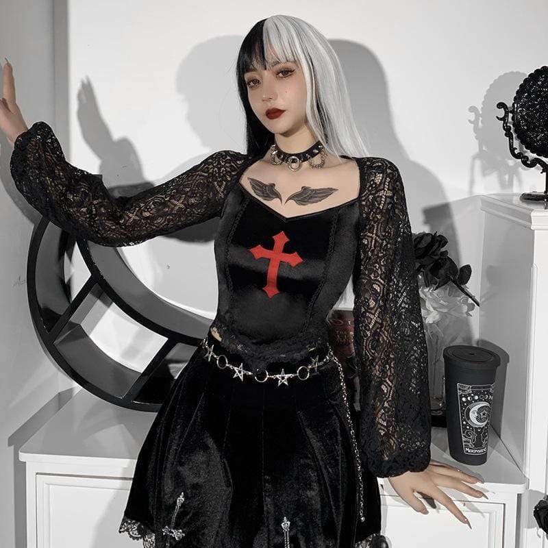 Kobine Women's Gothic Puff Sleeved Cross Printed Shirt