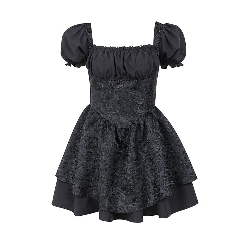 Kobine Women's Gothic Puff Sleeved Jacquard High-waisted Short Dress