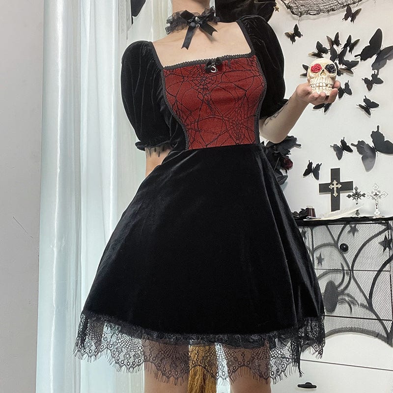 Kobine Women's Gothic Puff Sleeved Lace Hem Velvet Dress