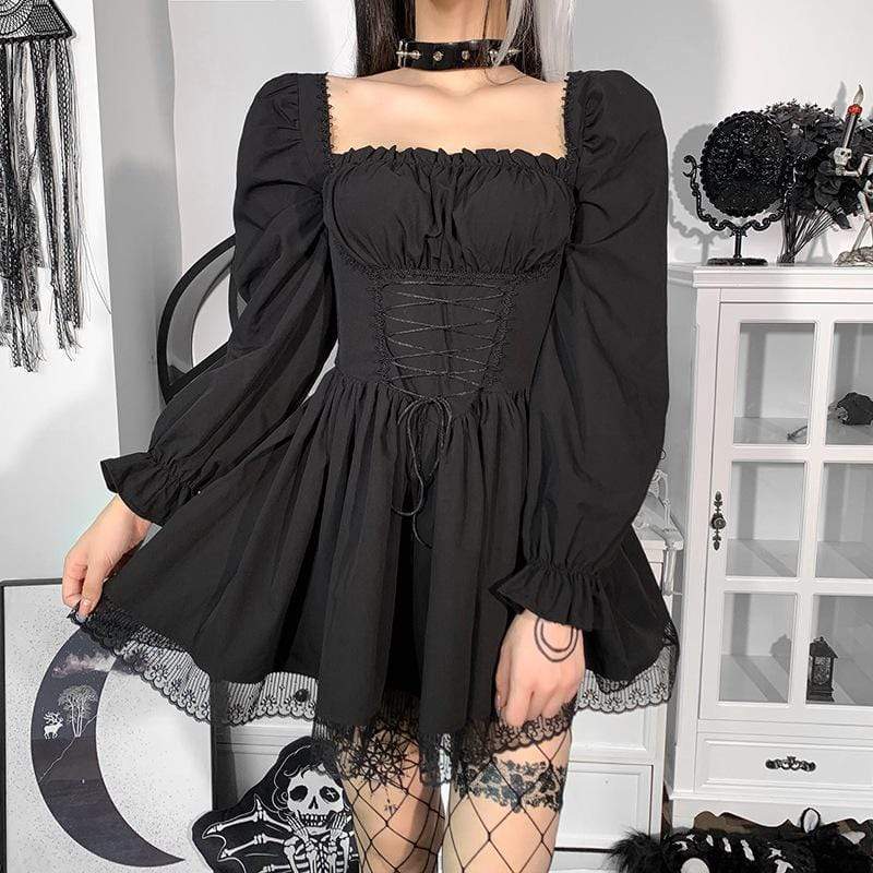 Women's Gothic Puff Sleeved Strappy Ruched Dress