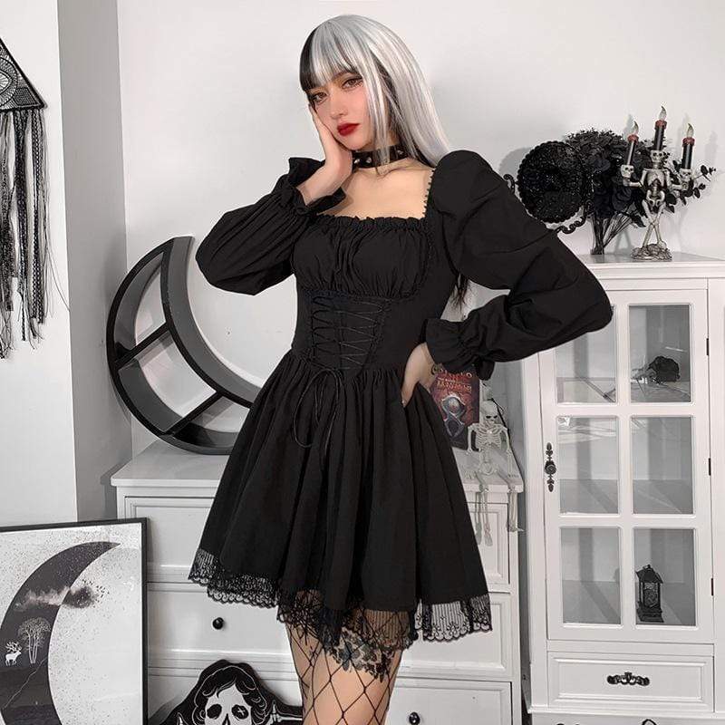 Women's Gothic Puff Sleeved Strappy Ruched Dress