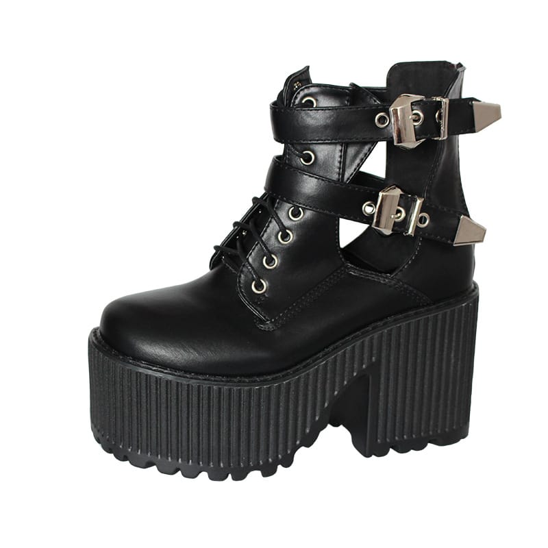 Women s Gothic Punk Buckles Cutout Platform Boots