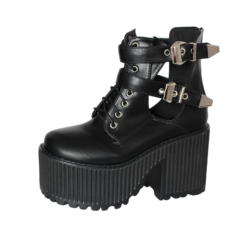 Kobine Women's Gothic Punk Buckles Cutout Platform Boots