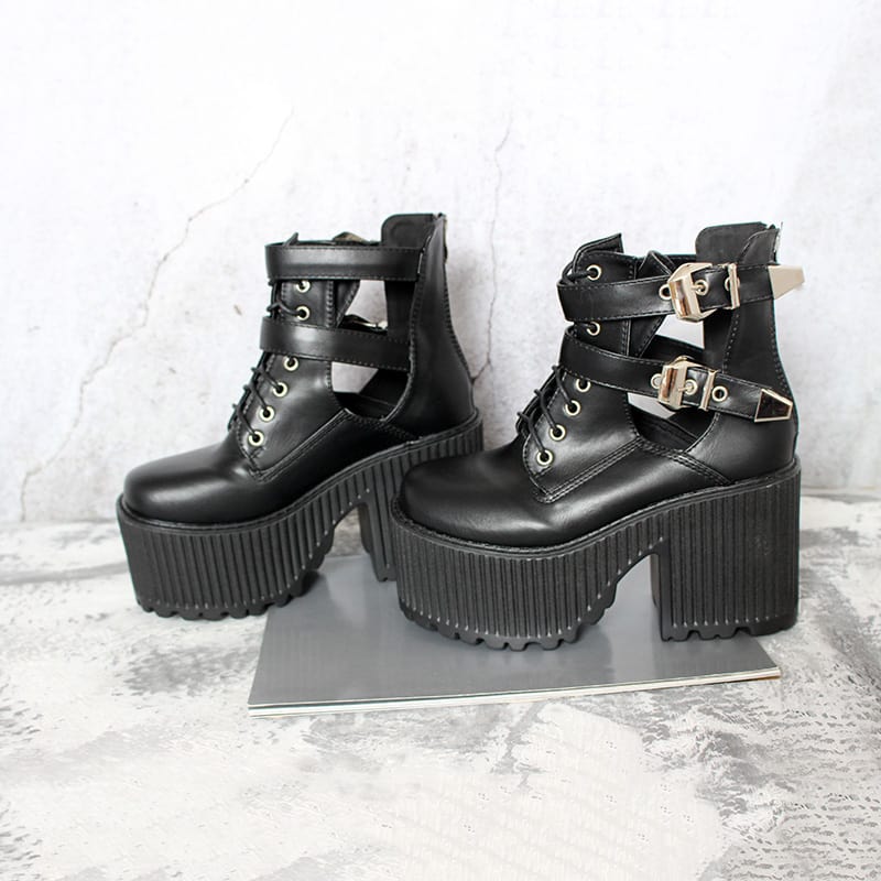 Kobine Women's Gothic Punk Buckles Cutout Platform Boots