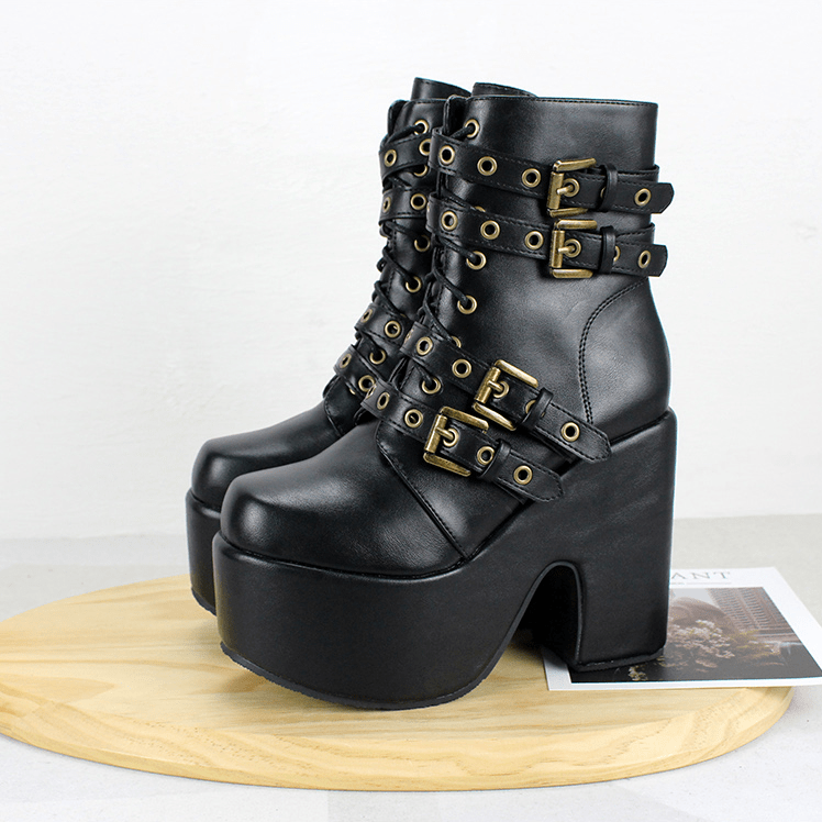 Women's Gothic Punk Buckles Lace-up Chunky Heel Boots