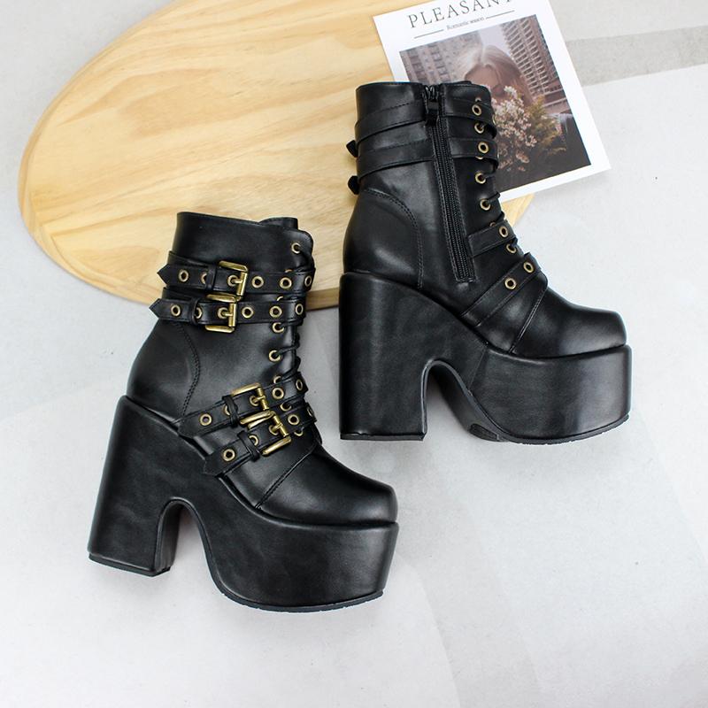 Women's Gothic Punk Buckles Lace-up Chunky Heel Boots
