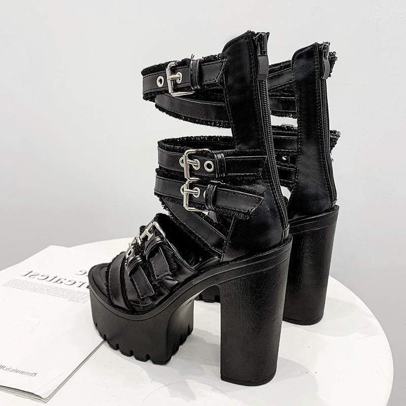 Kobine Women's Gothic Punk Buckles Mid-calf Gladiator Boots