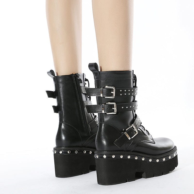 Kobine Women's Gothic Punk Buckles Rivet Platform Boots