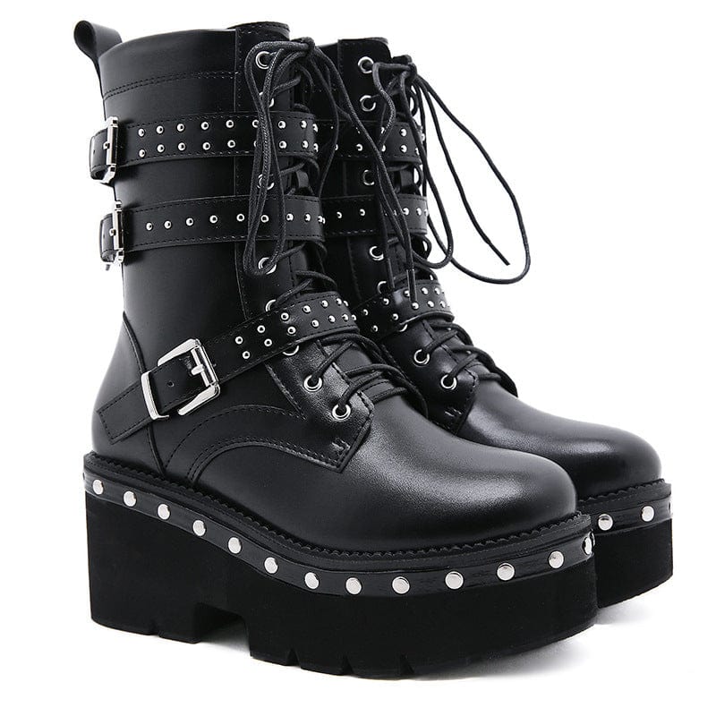 Kobine Women's Gothic Punk Buckles Rivet Platform Boots