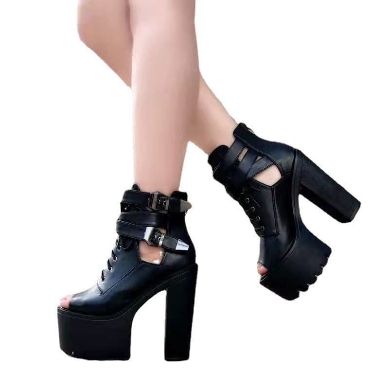 Kobine Women's Gothic Punk Chunky Heel Peep-toe Boots