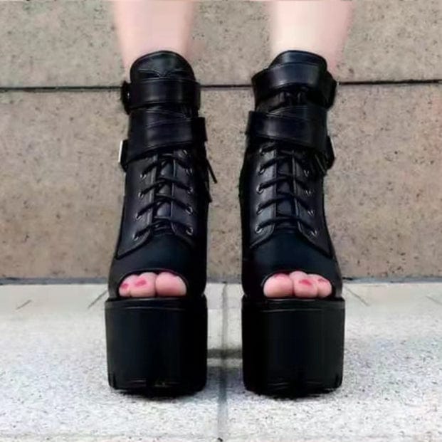 Kobine Women's Gothic Punk Chunky Heel Peep-toe Boots