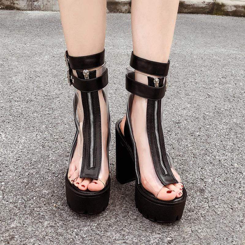 Kobine Women's Gothic Punk Chunky Heel Peep-toe Sheer Boots