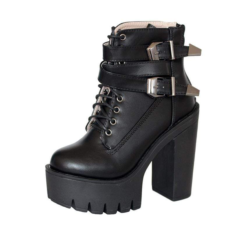 Kobine Women's Gothic Punk Lace-up Buckles Chunky Heel Boots