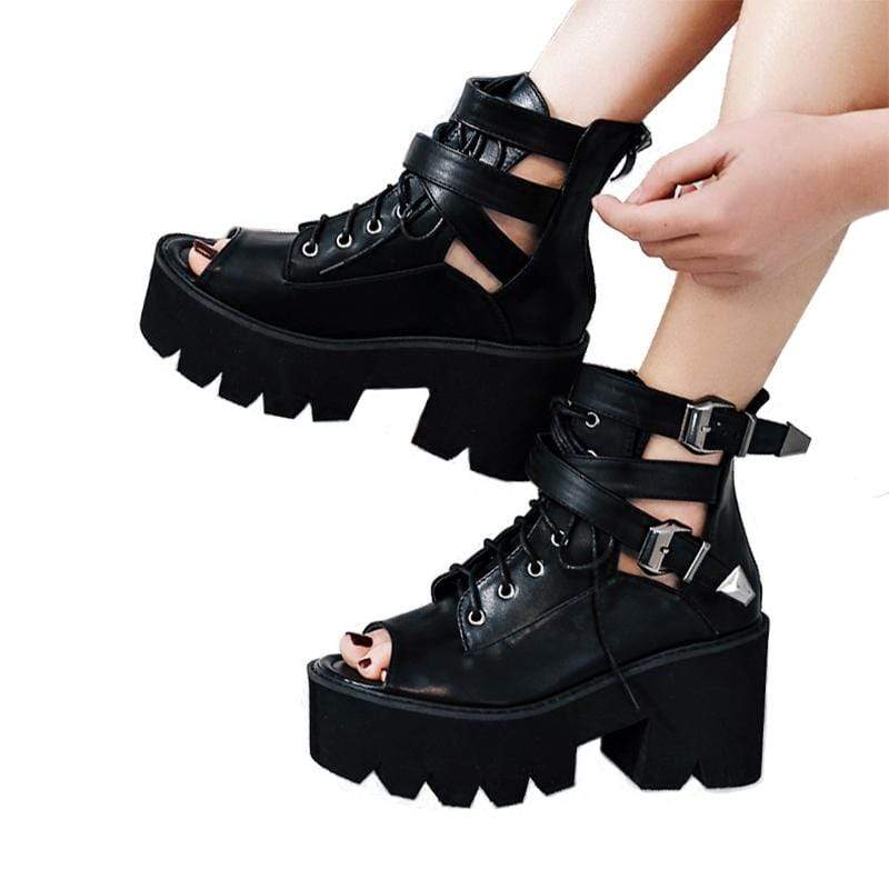 Kobine Women's Gothic Punk Lace-up Buckles Peep-toe Boots