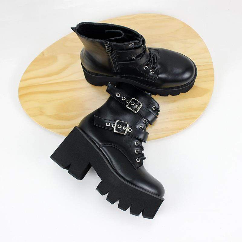 Kobine Women's Gothic Punk Lace-up Buckles Platform Boots