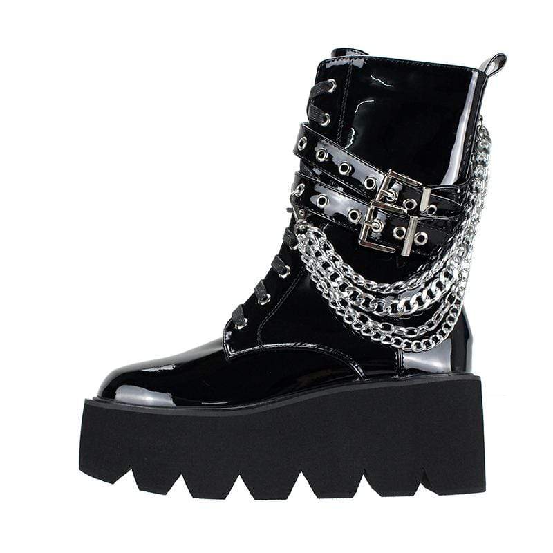 Women's Gothic Punk Patent Leather Boots with Chain