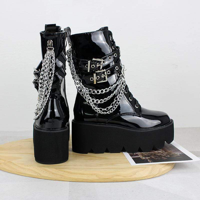 Women's Gothic Punk Patent Leather Boots with Chain