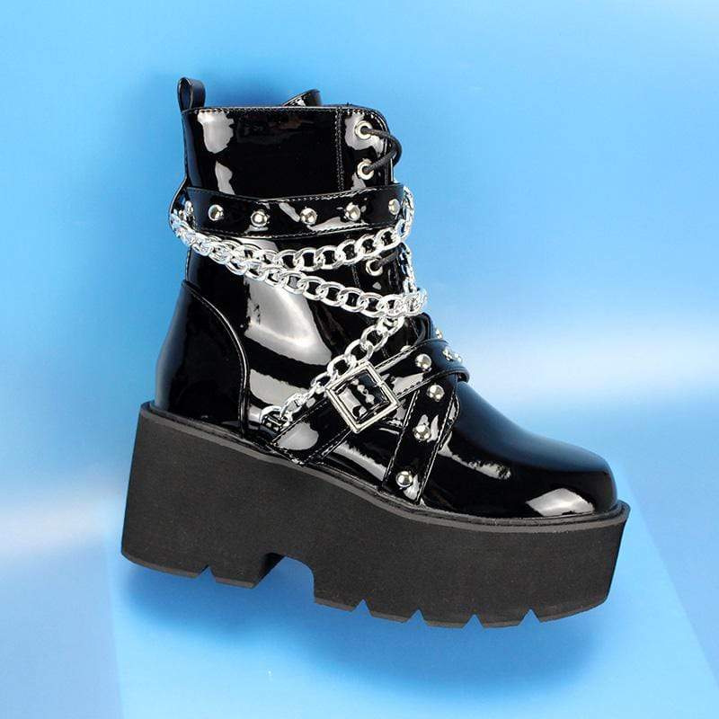 Kobine Women's Gothic Punk Patent Leather Chain Platform Boots