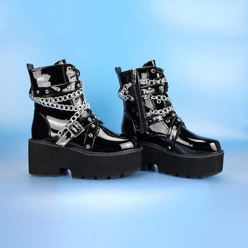 Kobine Women's Gothic Punk Patent Leather Chain Platform Boots