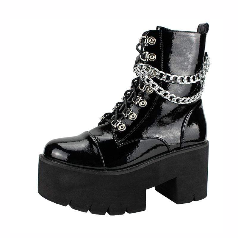 Kobine Women's Gothic Punk Patent Leather Lace Up Boots