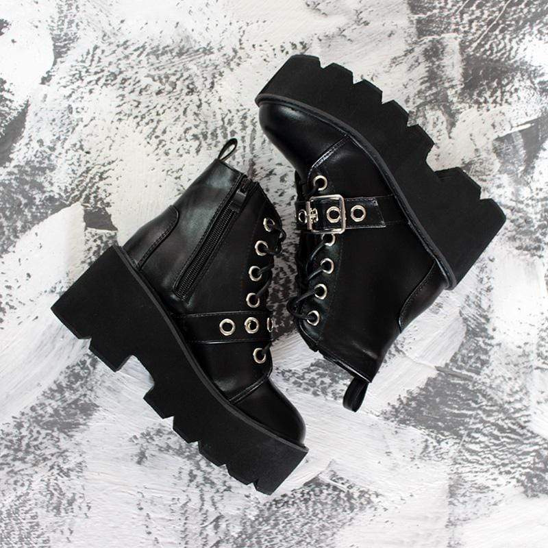 Kobine Women's Gothic Punk Six Hooks Buckles Platform Boots