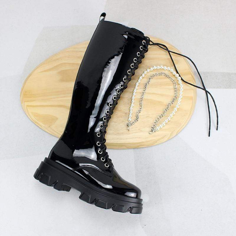 Women's Gothic Punk Thigh High Boots with Pearl Chain