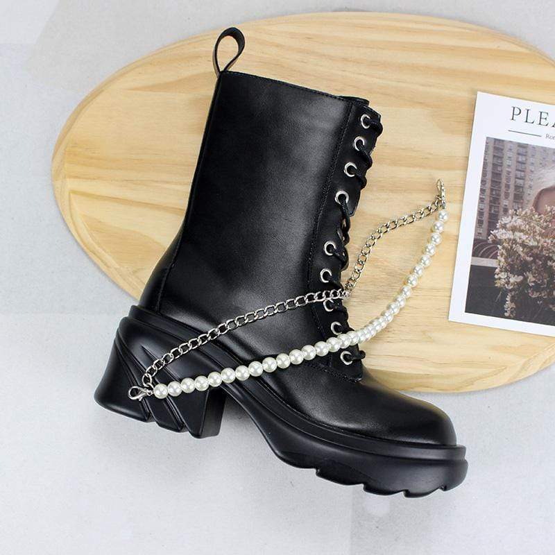 Women's Gothic Punk Wedge Boots with Pearl Chain
