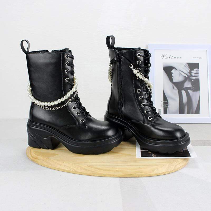 Women's Gothic Punk Wedge Boots with Pearl Chain
