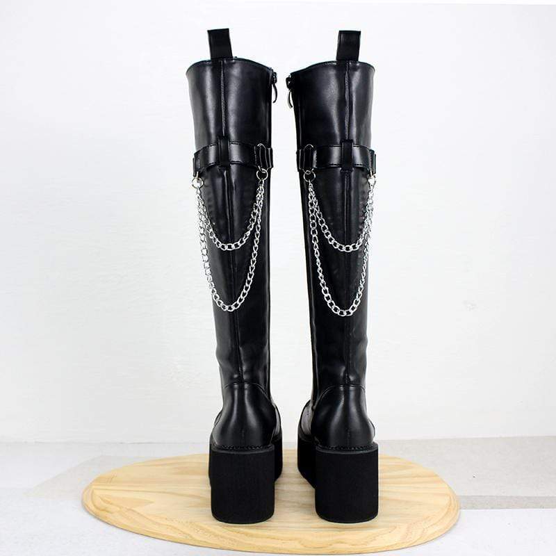 Kobine Women's Gothic Punk Zipper Thigh High Boots with Chain