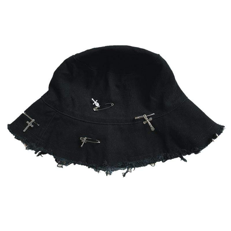 Women's Gothic Ripped Pins Crosses Bucket Hats