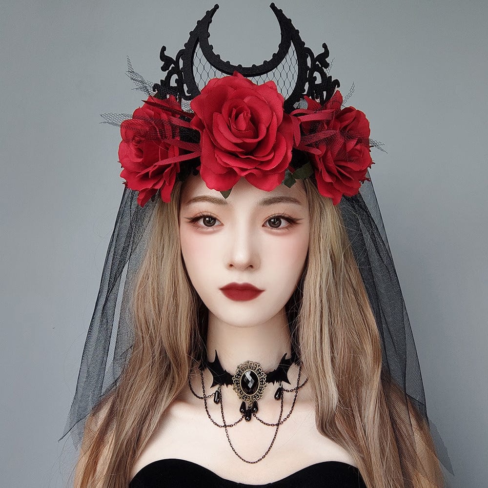 Kobine Women's Gothic Rose Moon Mesh Bridal Headpiece