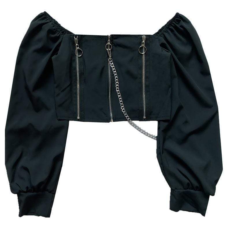 Women's Gothic Round Collar Zippered Crop Tops With Detachable Chain