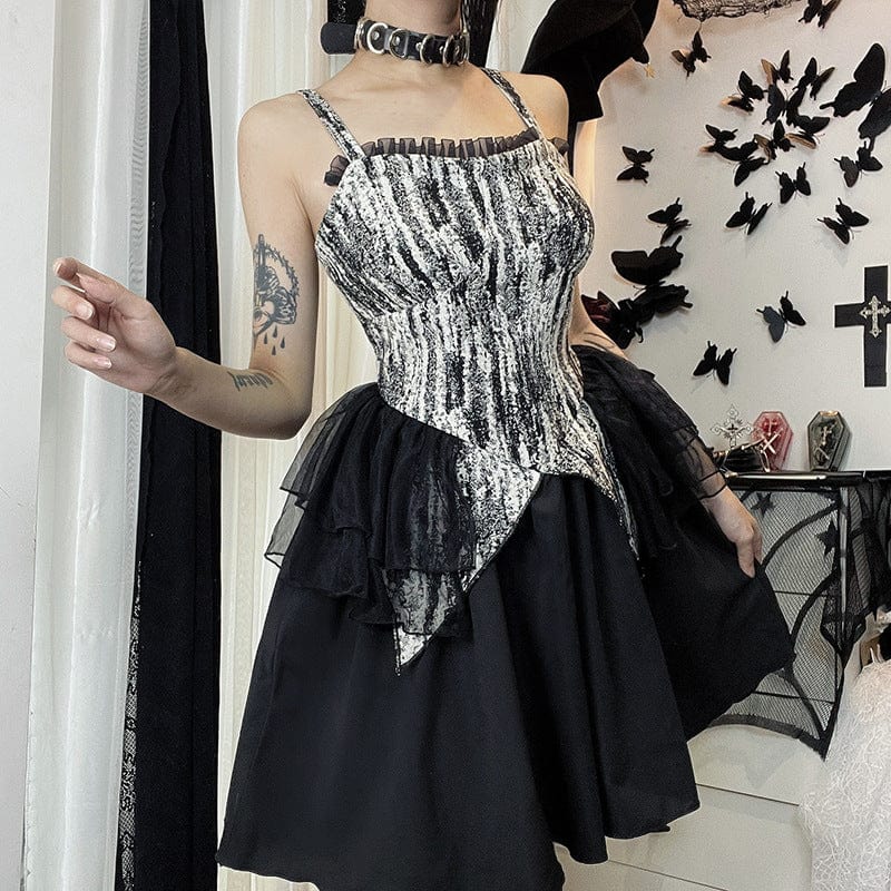 Kobine Women's Gothic Ruffled Mesh Splice Slip Dress