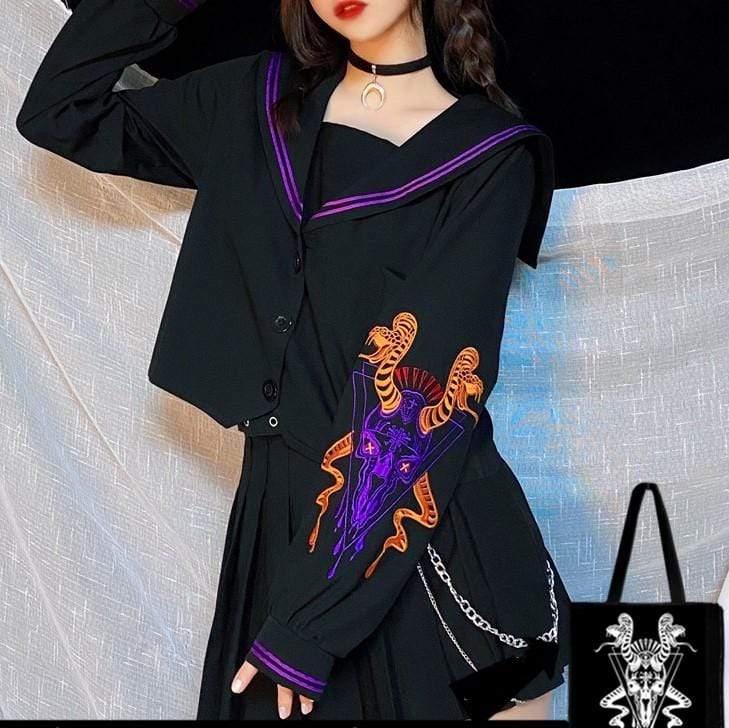 Women's Gothic Sailor Collar Skull Embroidered Tops