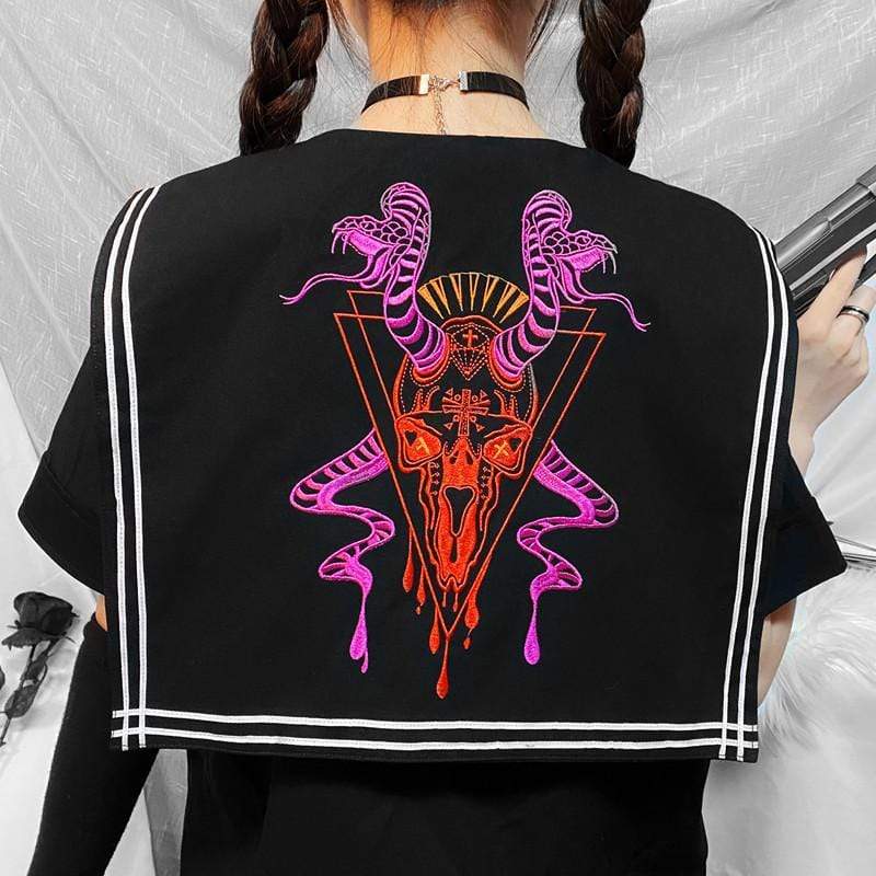 Women's Gothic Sailor Collar Skull Embroidered Tops