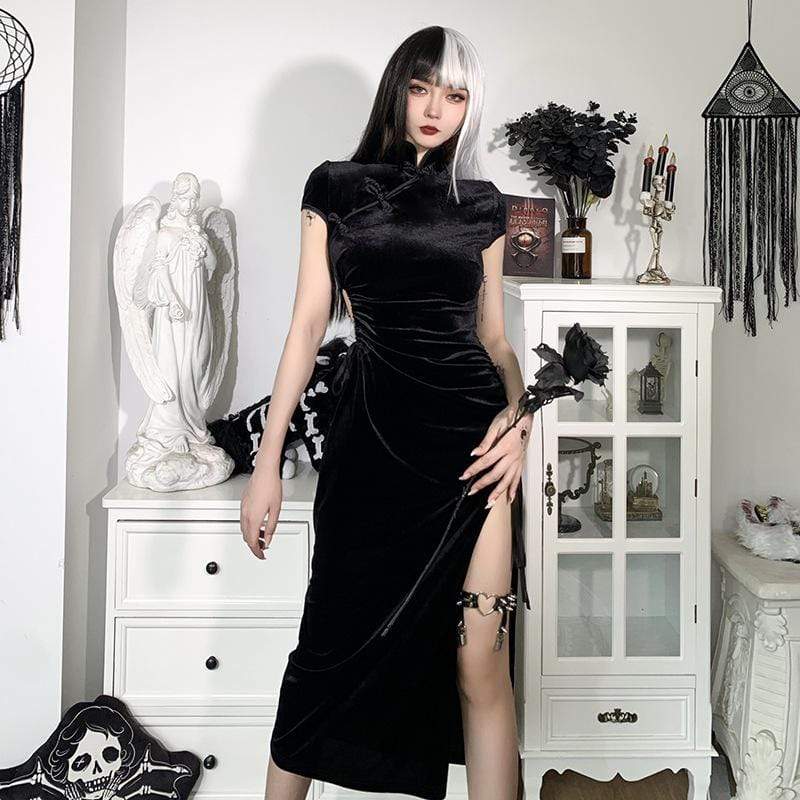 Women's Gothic Side Slit Black Velet Cheongsam Dress