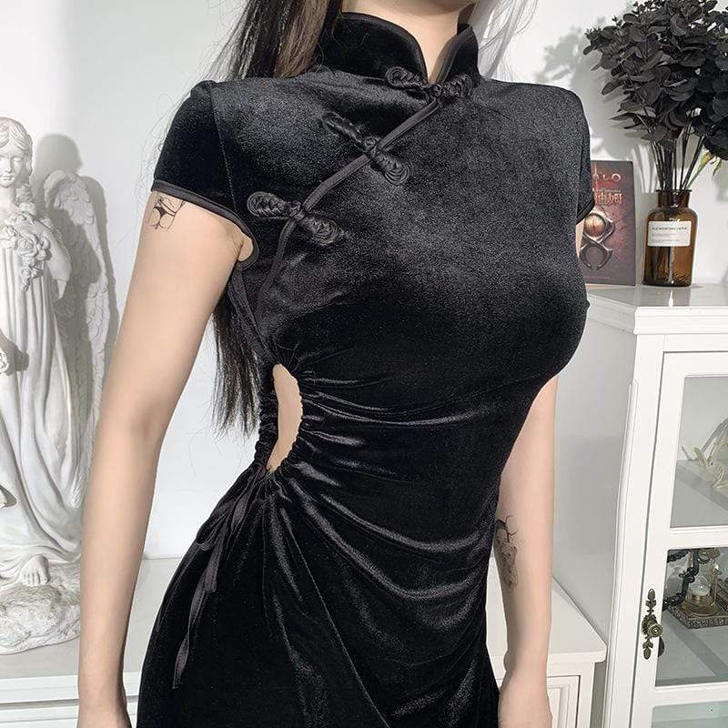 Women's Gothic Side Slit Black Velet Cheongsam Dress