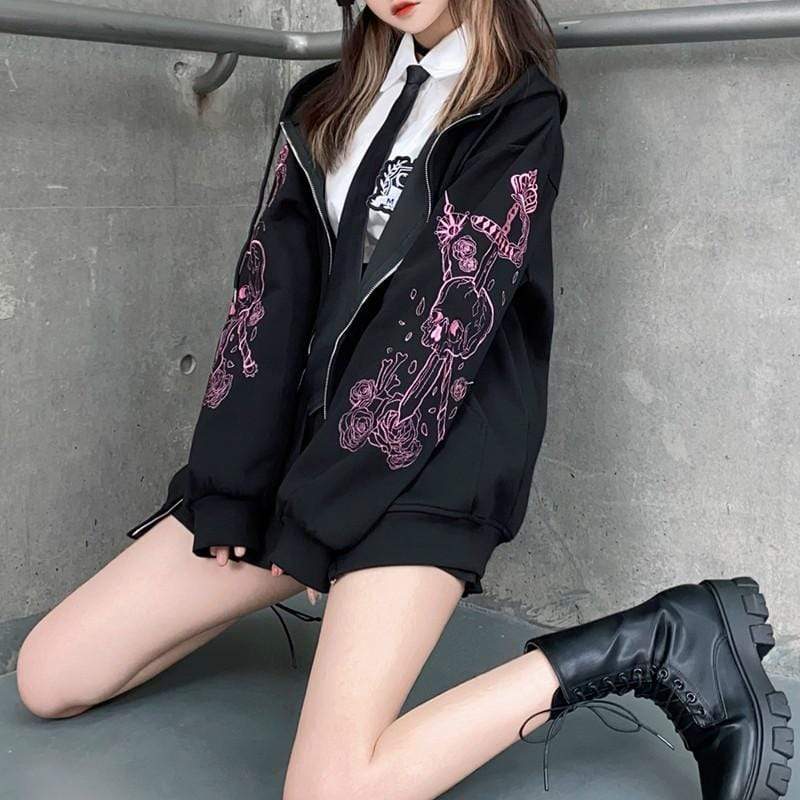 Women's Gothic Skull Roses Embroidered Coats With Hood