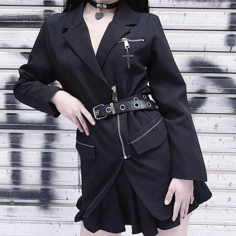 Women's Gothic Solid Color Cross Zipper Jackets With Chain Belt